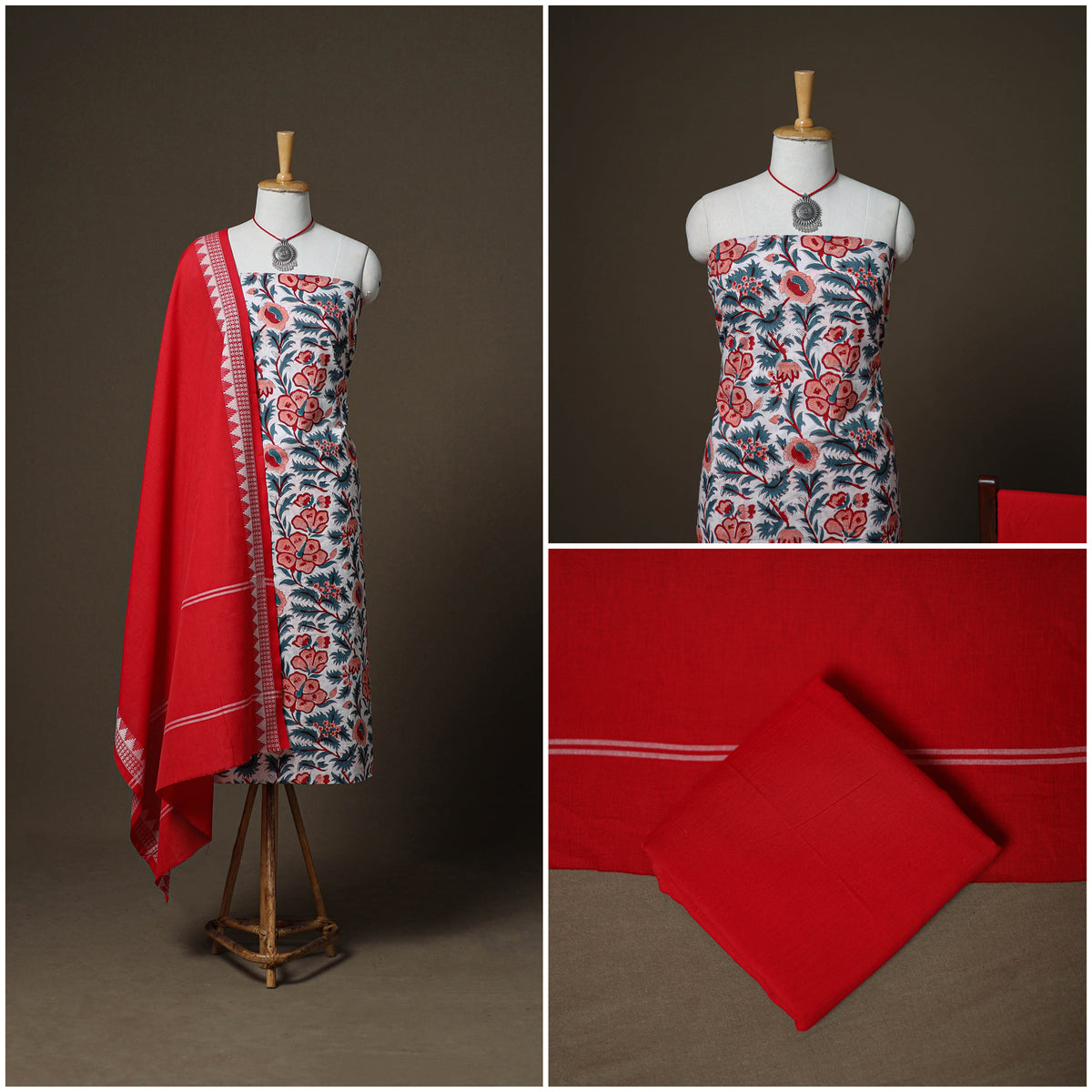 Sanganeri Block Print Cotton Unstitched Dress Material: Kurta, Bottom & Dupatta with Jewellery 22