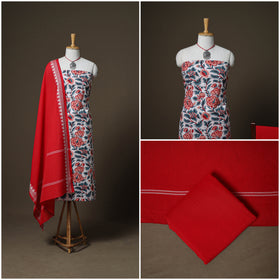Sanganeri Block Print Cotton Unstitched Dress Material: Kurta, Bottom & Dupatta with Jewellery 22