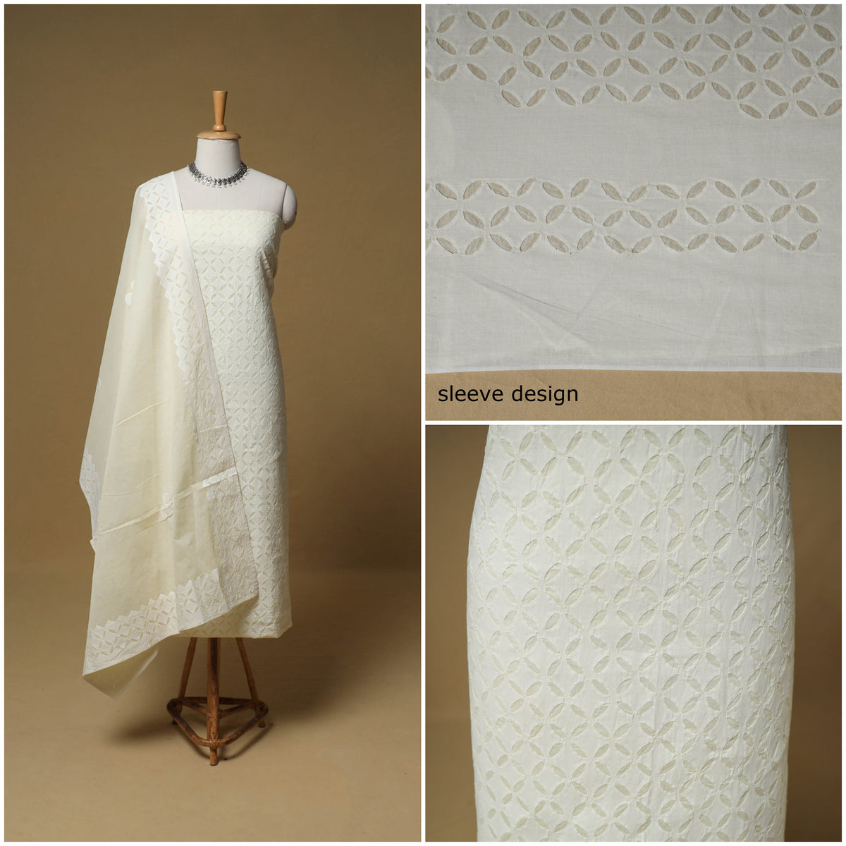 Barmer Applique Cutwork Cotton Unstitched Dress Material: Kurta, Bottom & Dupatta 13