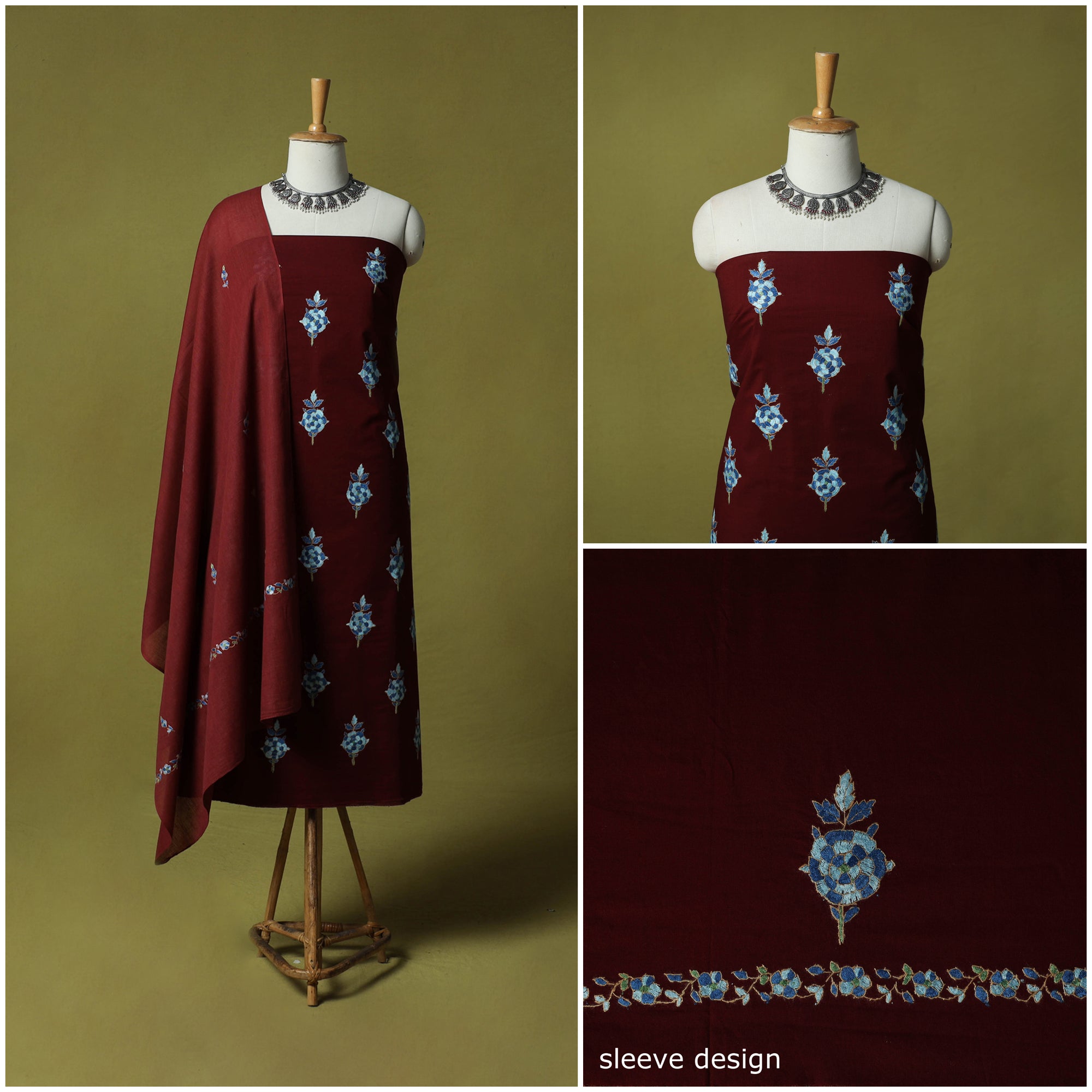 Maroon - Hand Embroidered Cotton Kashida 3pc Unstitched Dress Material Suit Set 51