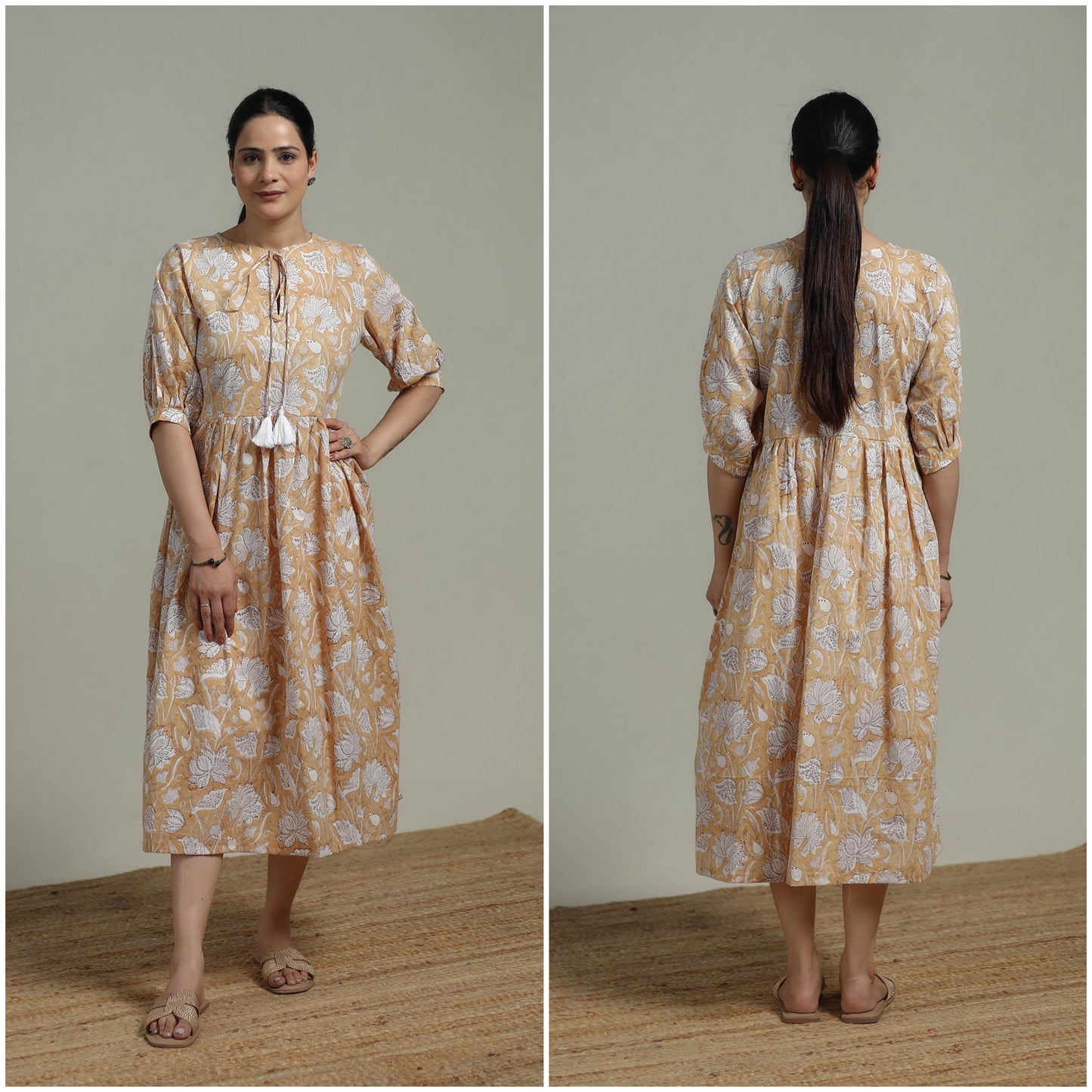Beige - Sanganeri Hand Block Print Pure Cotton Flared Dress 05
