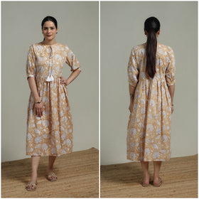 Beige - Sanganeri Hand Block Print Pure Cotton Flared Dress 05