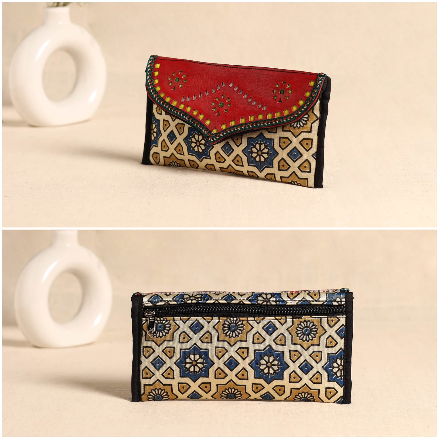 Traditional Kutch Mashru Silk Leather Flap Clutch / Wallet 101