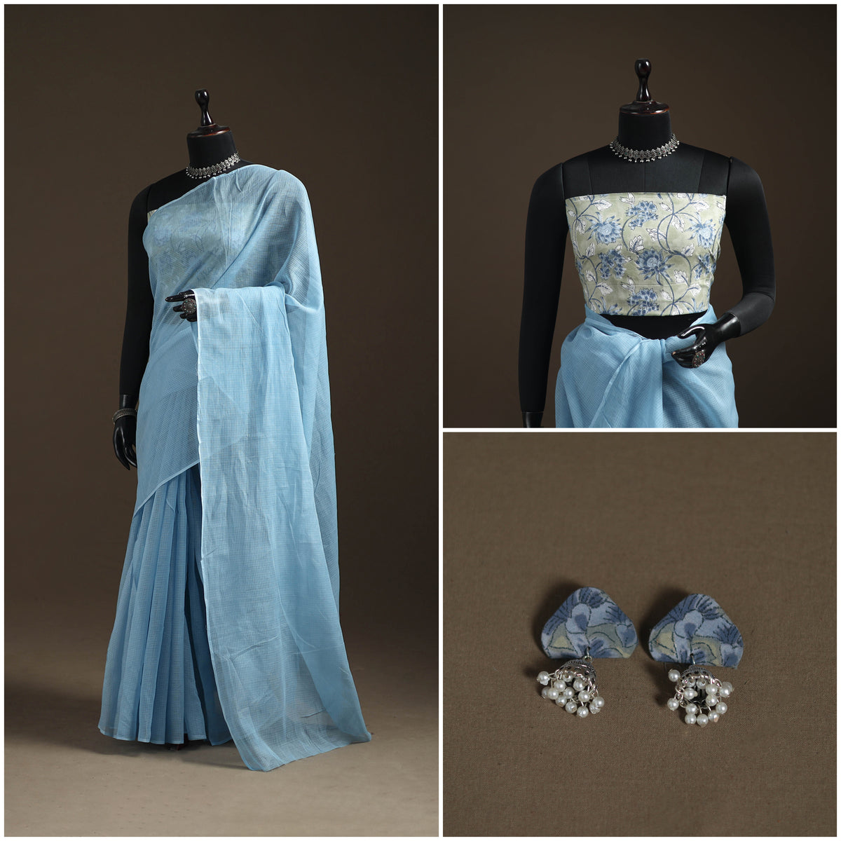 Blue - Nazaakat Kota Doria Cotton Plain Saree with Blouse Piece & Earrings 14