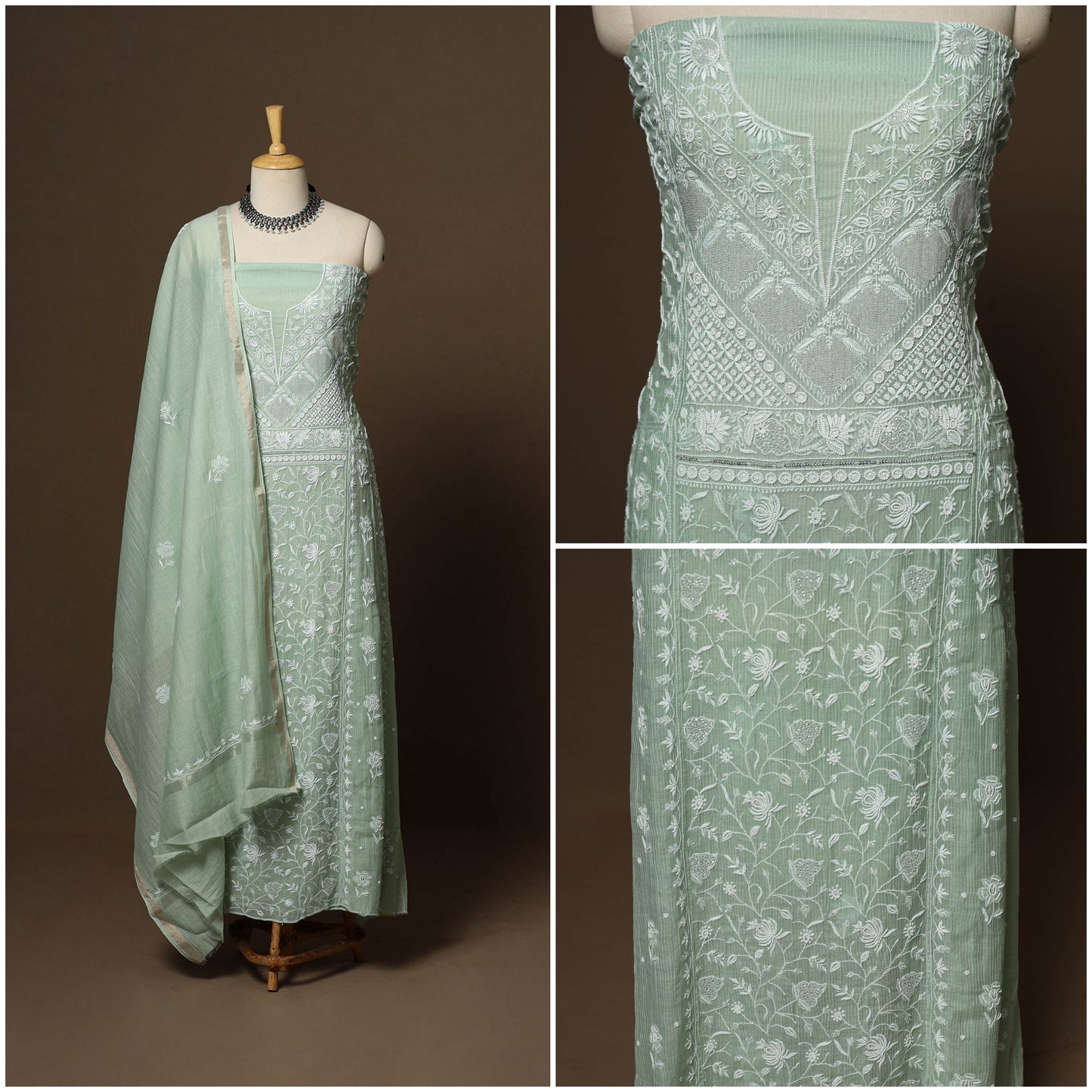 Green - 2pc mul chanderi semi stitched hand beads work