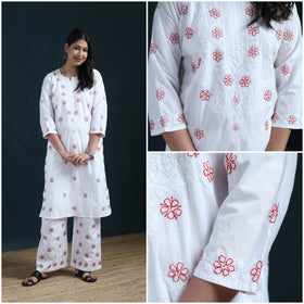 White - Hand Embroidered Mul Cotton Chikankari Kurta with Palazzo Set for Women 34