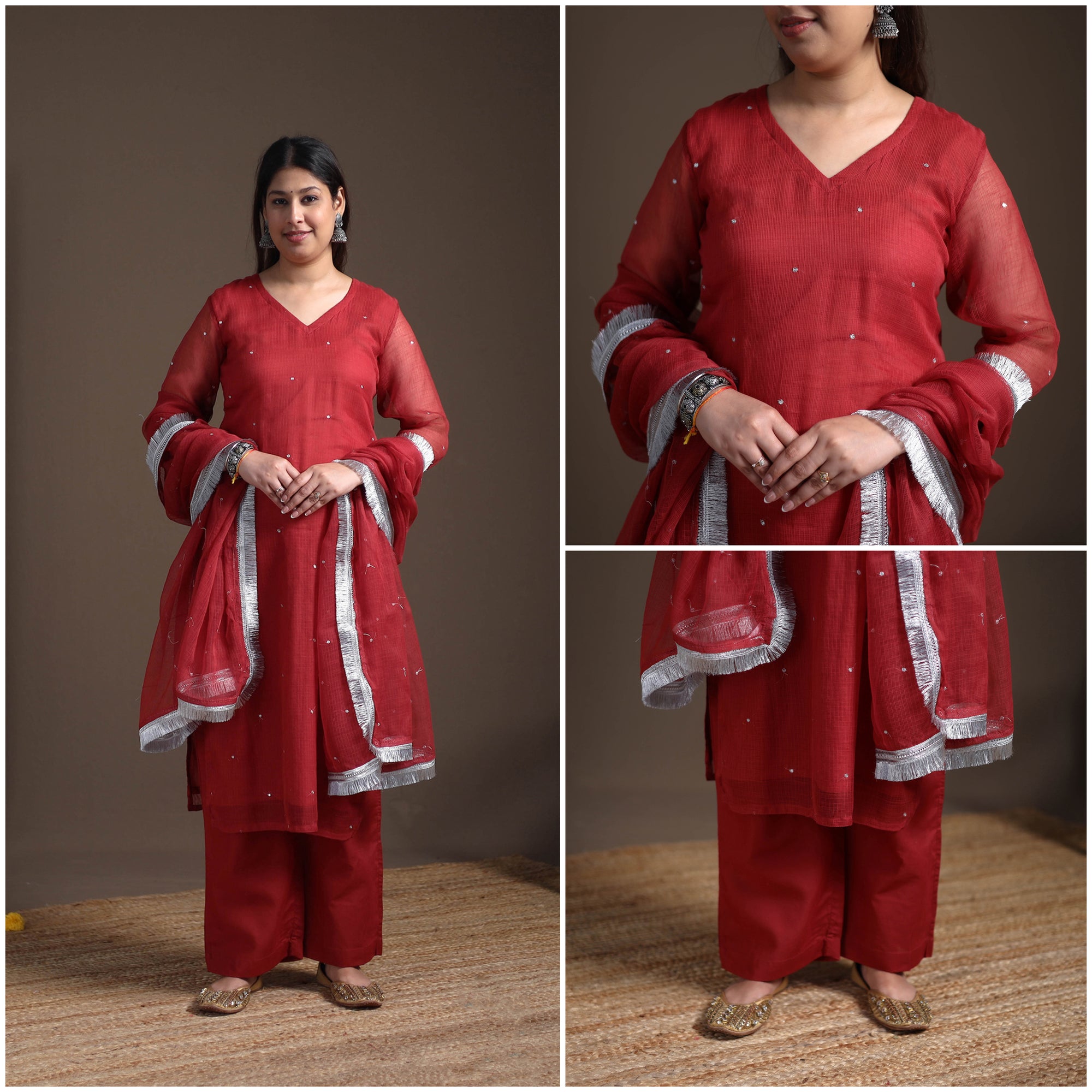 Sequin Work Plain Kota Doria Cotton Suit Set with Lace Work Dupatta for Women 02