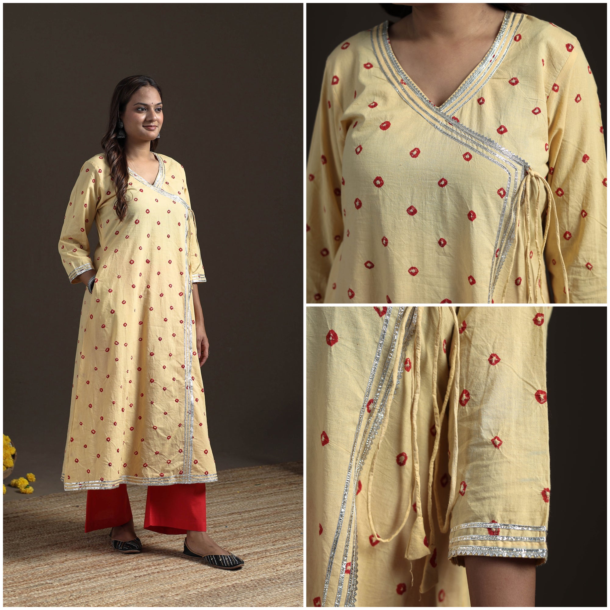 Gota Work Bandhani Tie-Dye Cotton A-Line Long Kurta for Women 14
