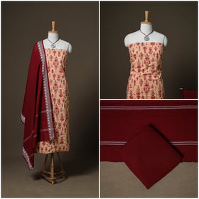 Sanganeri Block Print Cotton Unstitched Dress Material: Kurta, Bottom & Dupatta with Jewellery 20
