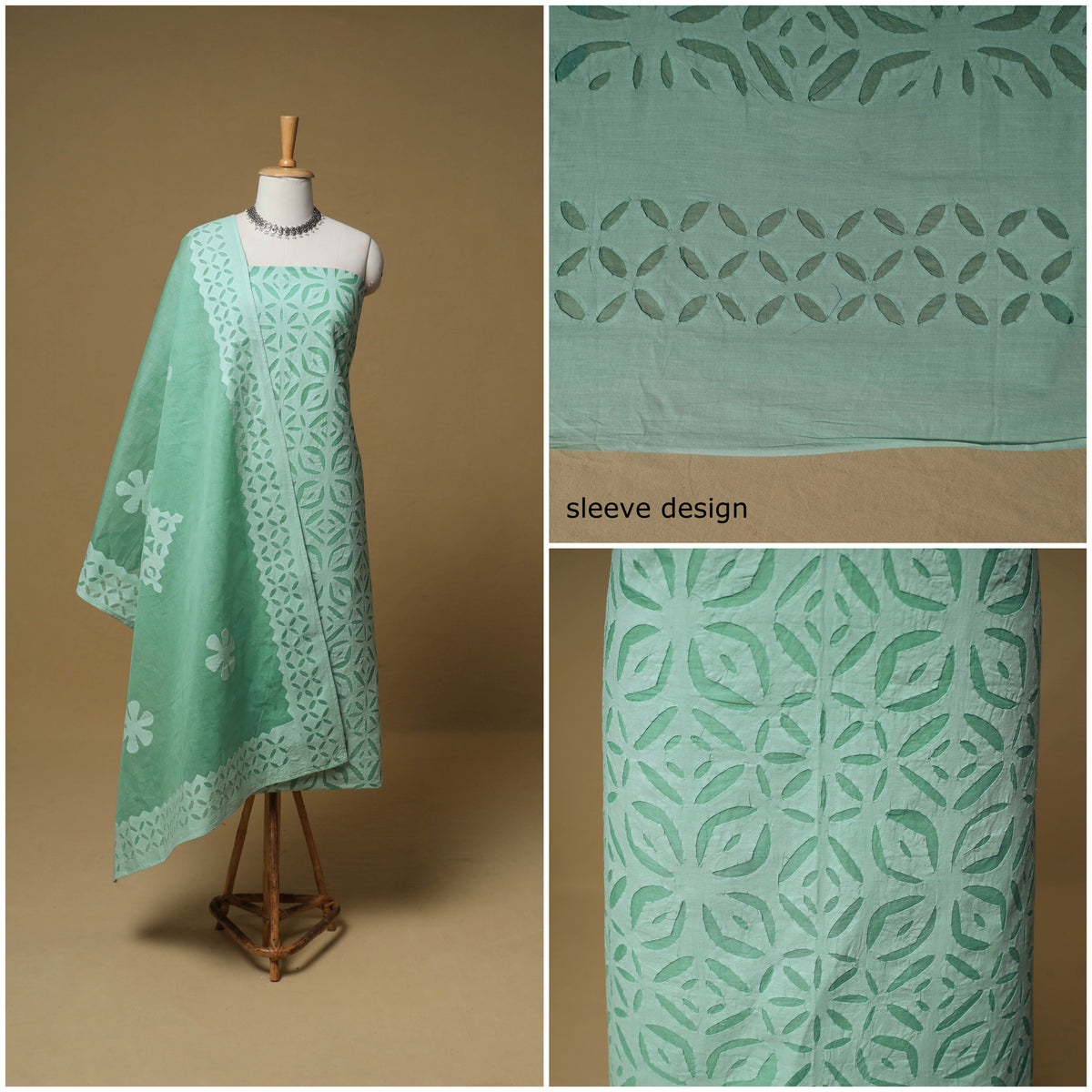 Barmer Applique Cutwork Cotton Unstitched Dress Material: Kurta, Bottom & Dupatta 09