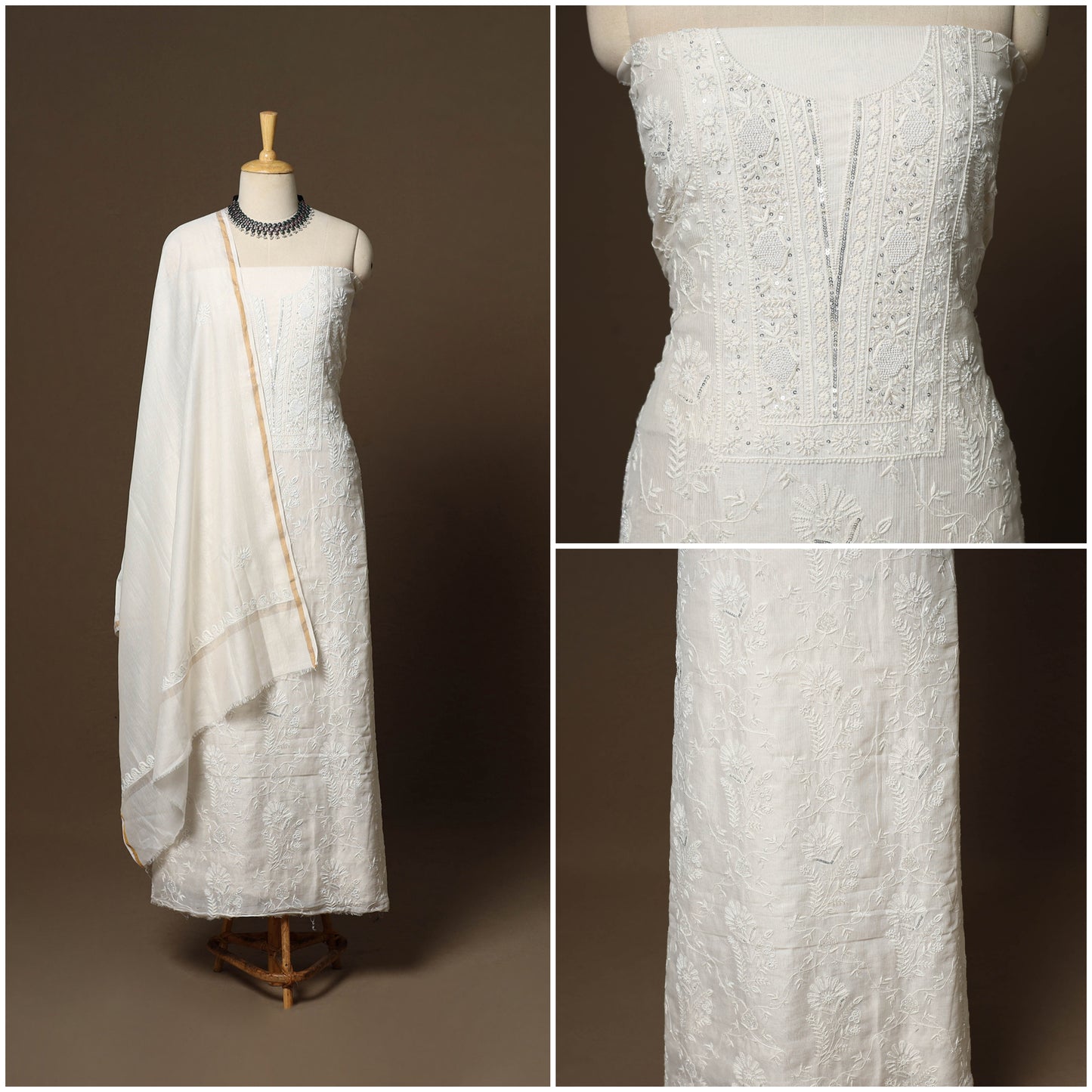 Beige - 2pc mul chanderi unstitched hand beads work heavy