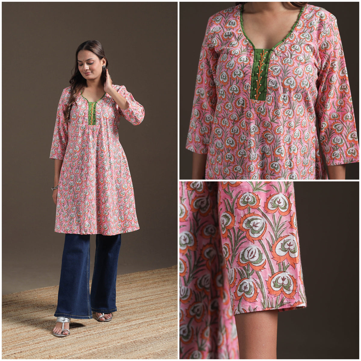 Sequin Work Sanganeri Floral Print Cotton A-Line Kurta for Women 06