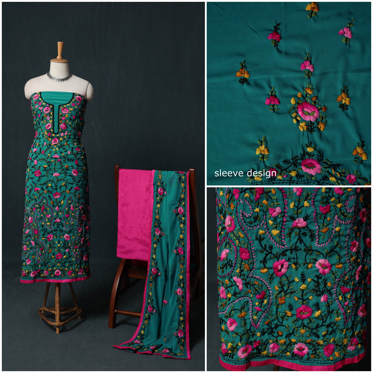 Hand Embroidered Georgette 3pc Unstitched Dress Material Suit Set 26