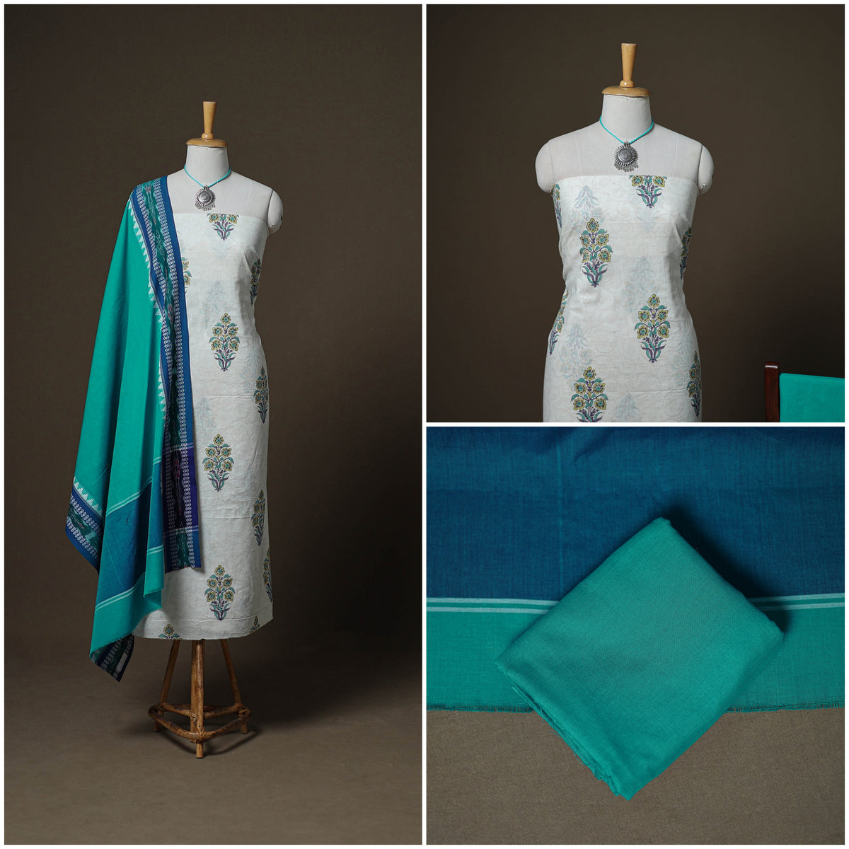 Sanganeri Block Print Cotton Unstitched Dress Material: Kurta, Bottom & Dupatta with Jewellery 01