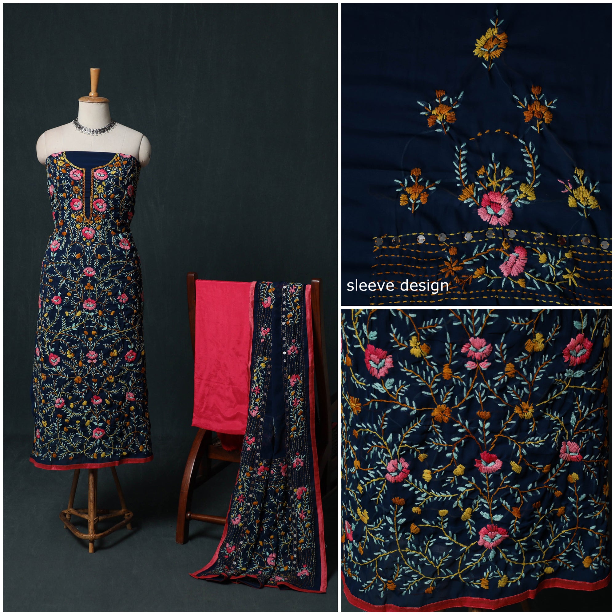Hand Embroidered Georgette 3pc Unstitched Dress Material Suit Set 28