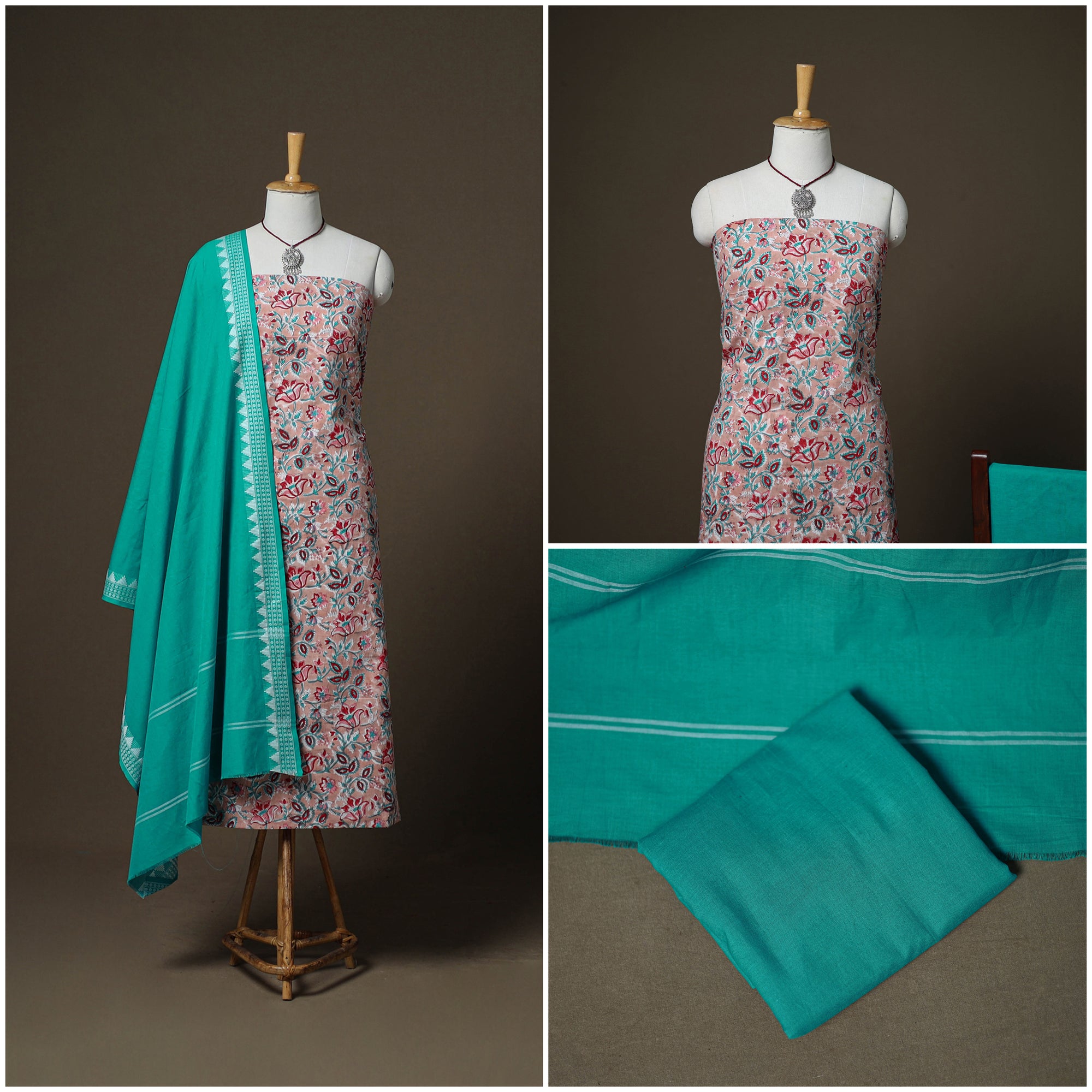 Sanganeri Block Print Cotton Unstitched Dress Material: Kurta, Bottom & Dupatta with Jewellery 38