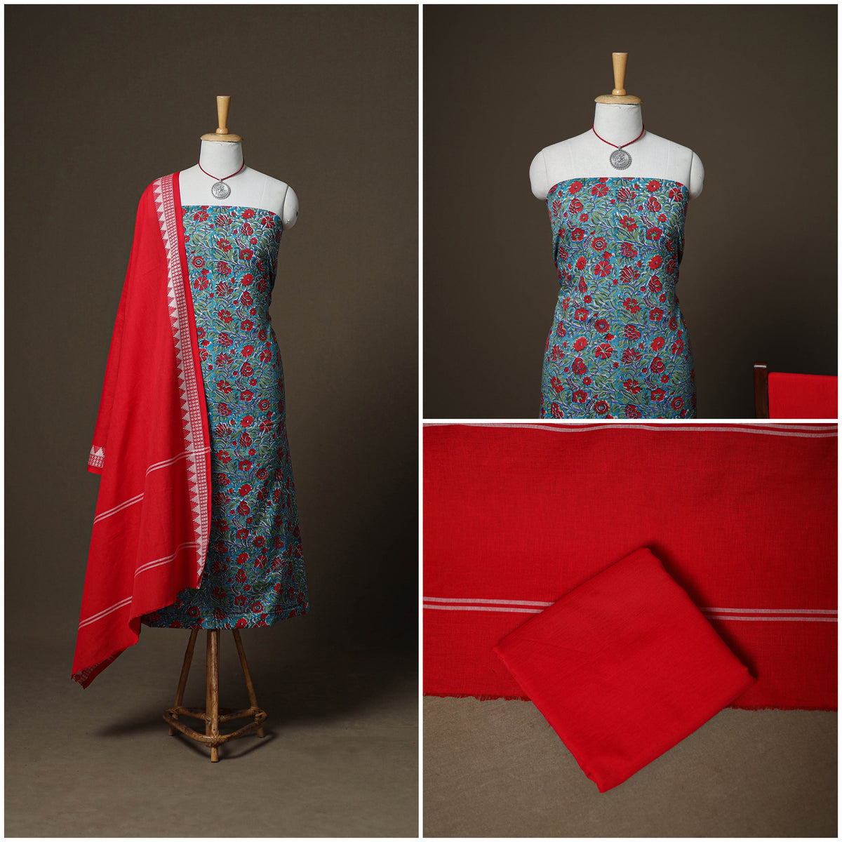 Sanganeri Block Print Cotton Unstitched Dress Material: Kurta, Bottom & Dupatta with Jewellery 28