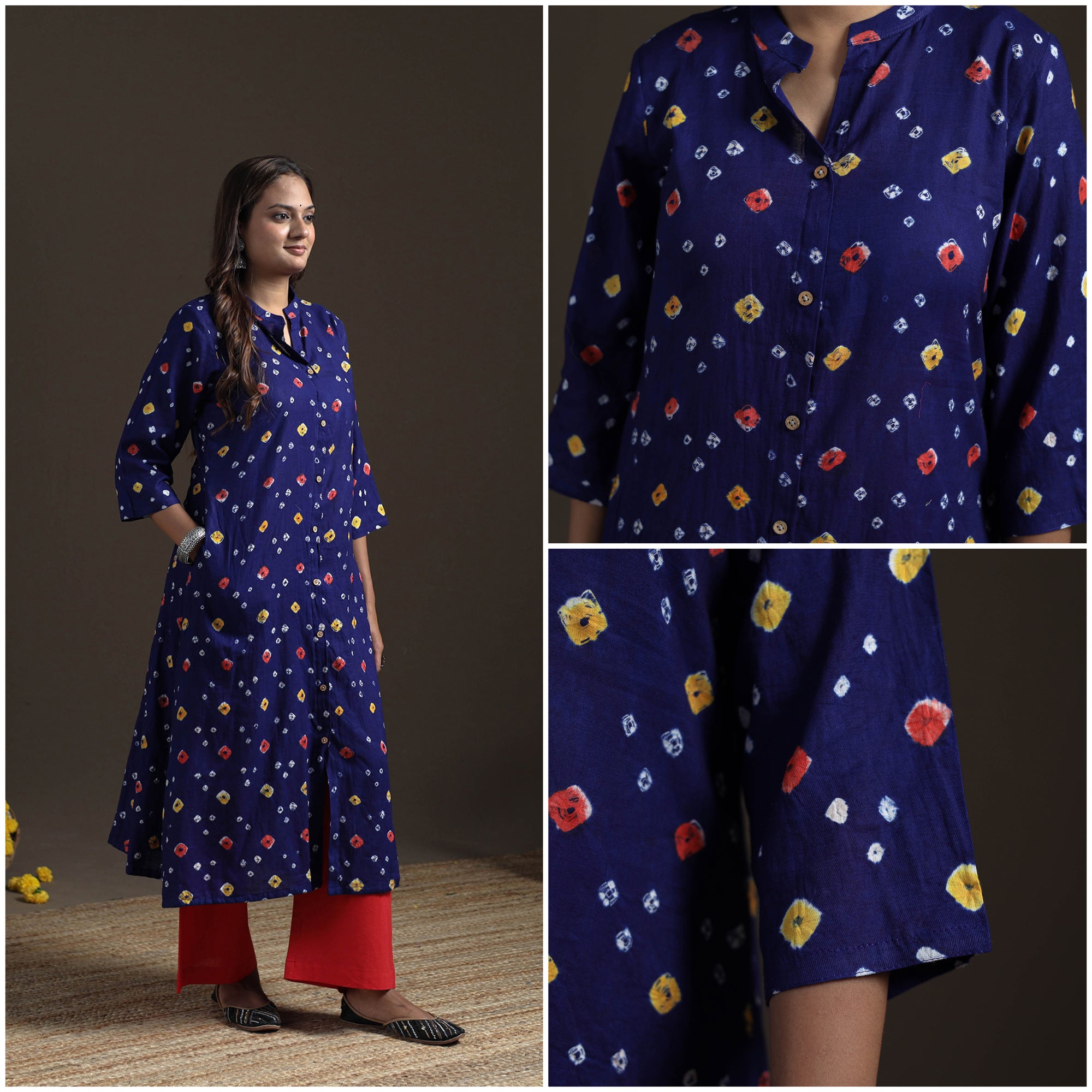 Bandhani Tie-Dye Cotton A-Line Long Kurta for Women 07