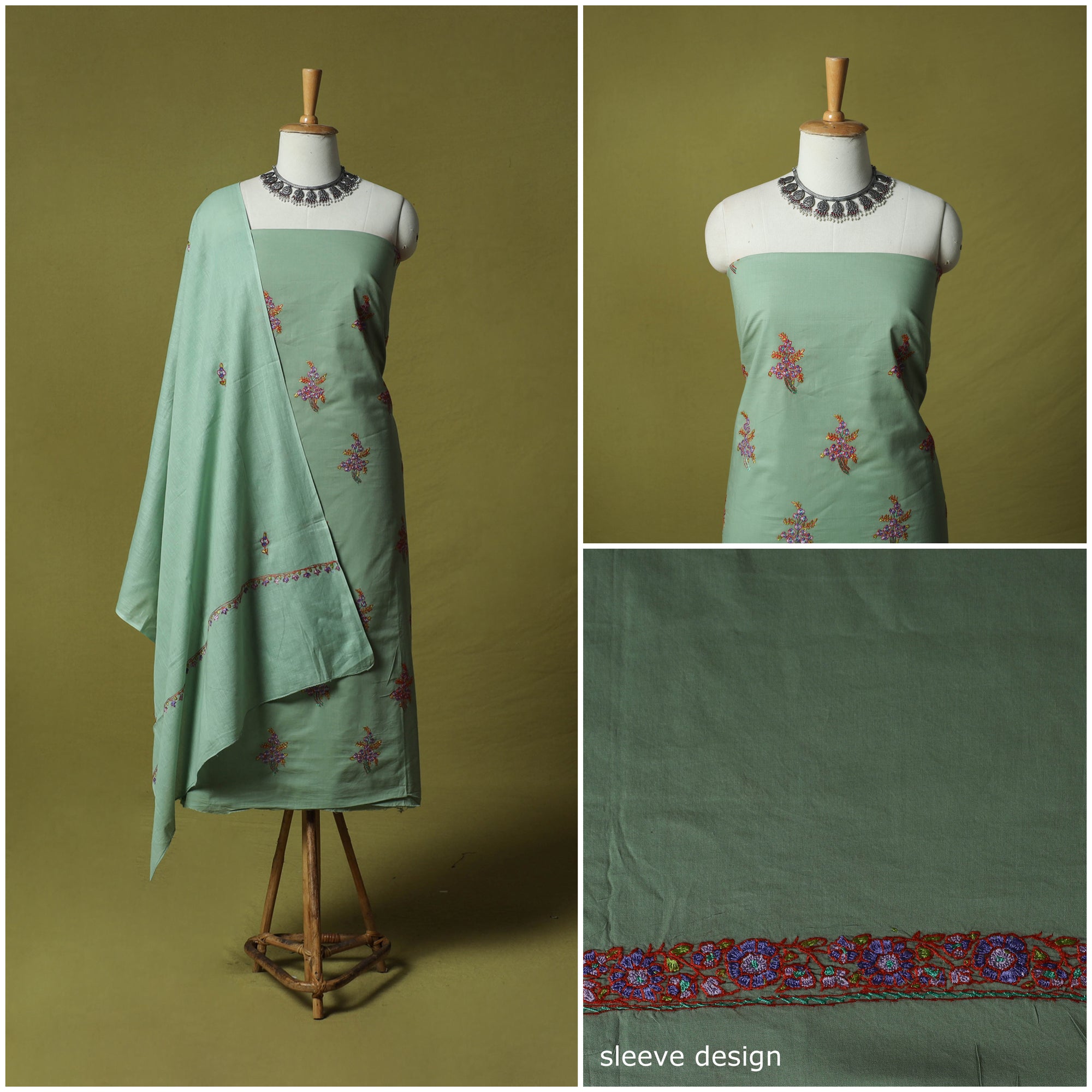 Hand Embroidered Cotton Kashida 3pc Unstitched Dress Material Suit Set 49