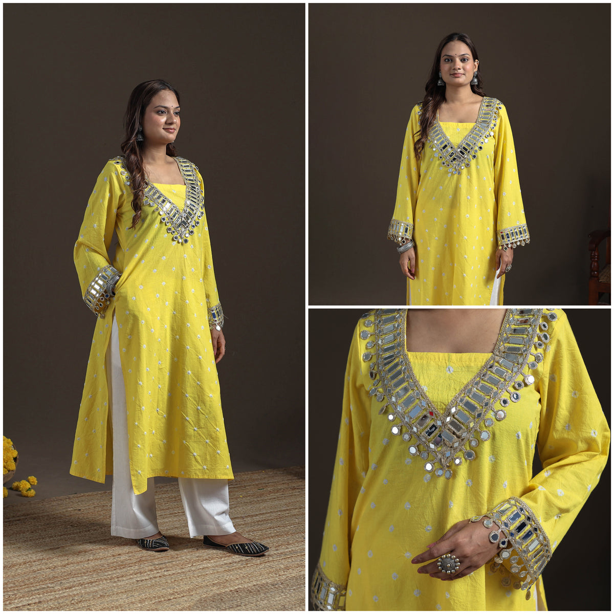 Gota Mirror Work Bandhani Tie-Dye Cotton Straight Long Kurta for Women 10