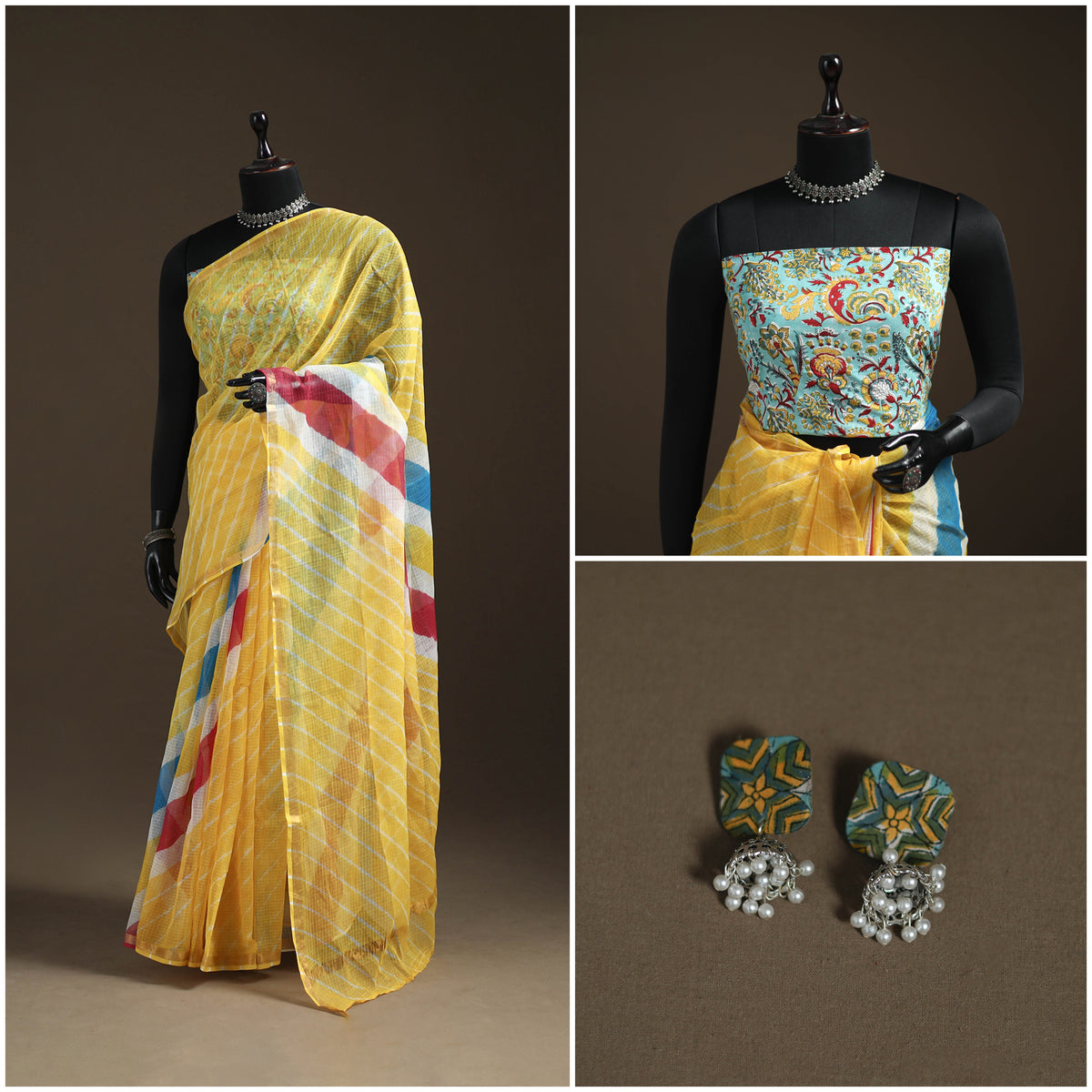 Yellow - Kota Doria Cotton Leheriya Tie-Dye Saree with Blouse Piece & Earrings 12