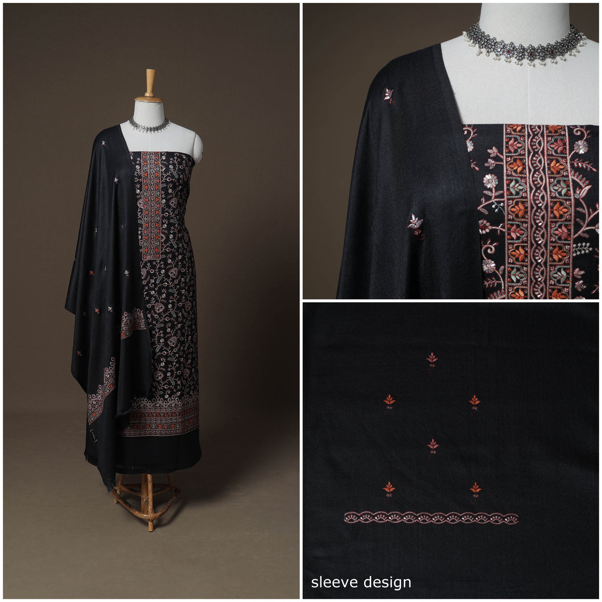 Woolen Heavy Embroidered Unstitched Dress Material: Kurta, Bottom & Dupatta 17