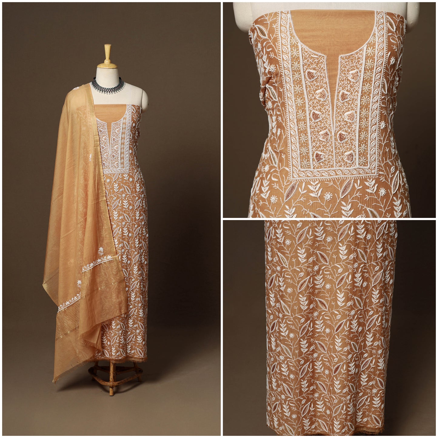 Brown - 2pc mul chanderi unstitched hand beads work heavy