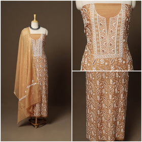 Brown - 2pc mul chanderi unstitched hand beads work heavy