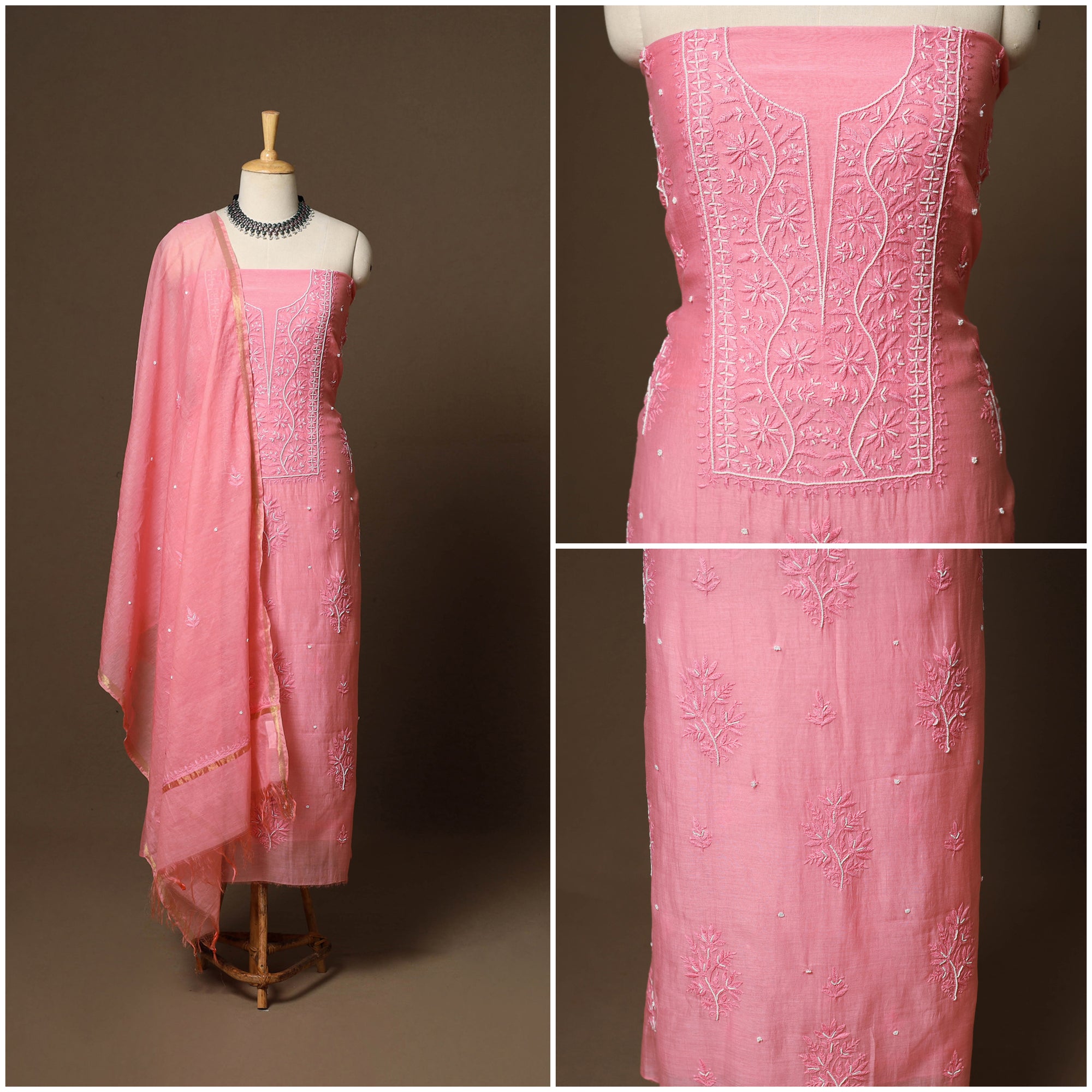 Pink - 3pc chanderi silk unstitched hand beads work heavy