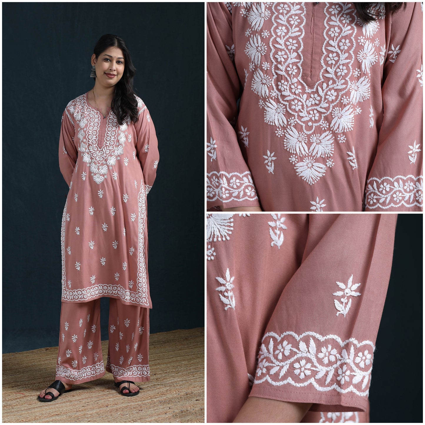 Peach - Hand Embroidered Rayon Chikankari Kurta with Palazzo Set for Women 12