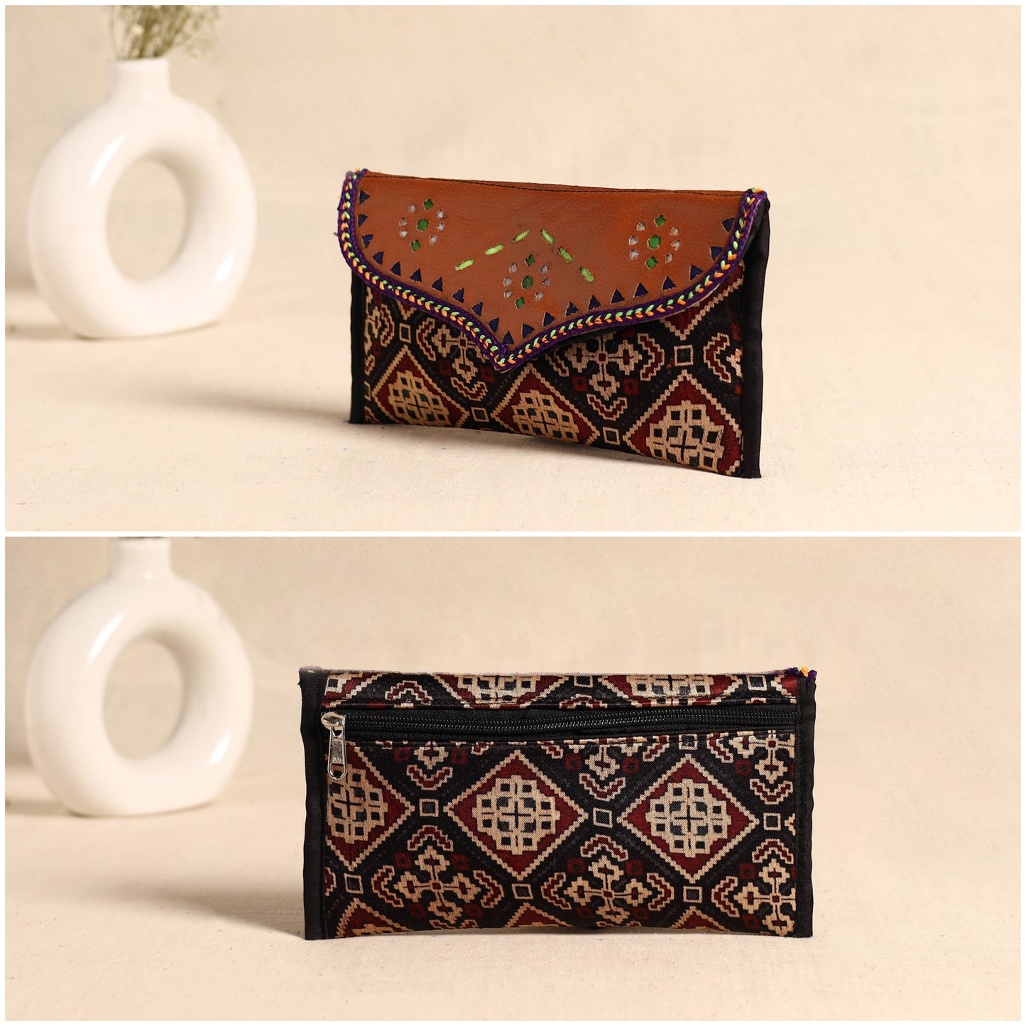 Traditional Kutch Mashru Silk Leather Flap Clutch / Wallet 99