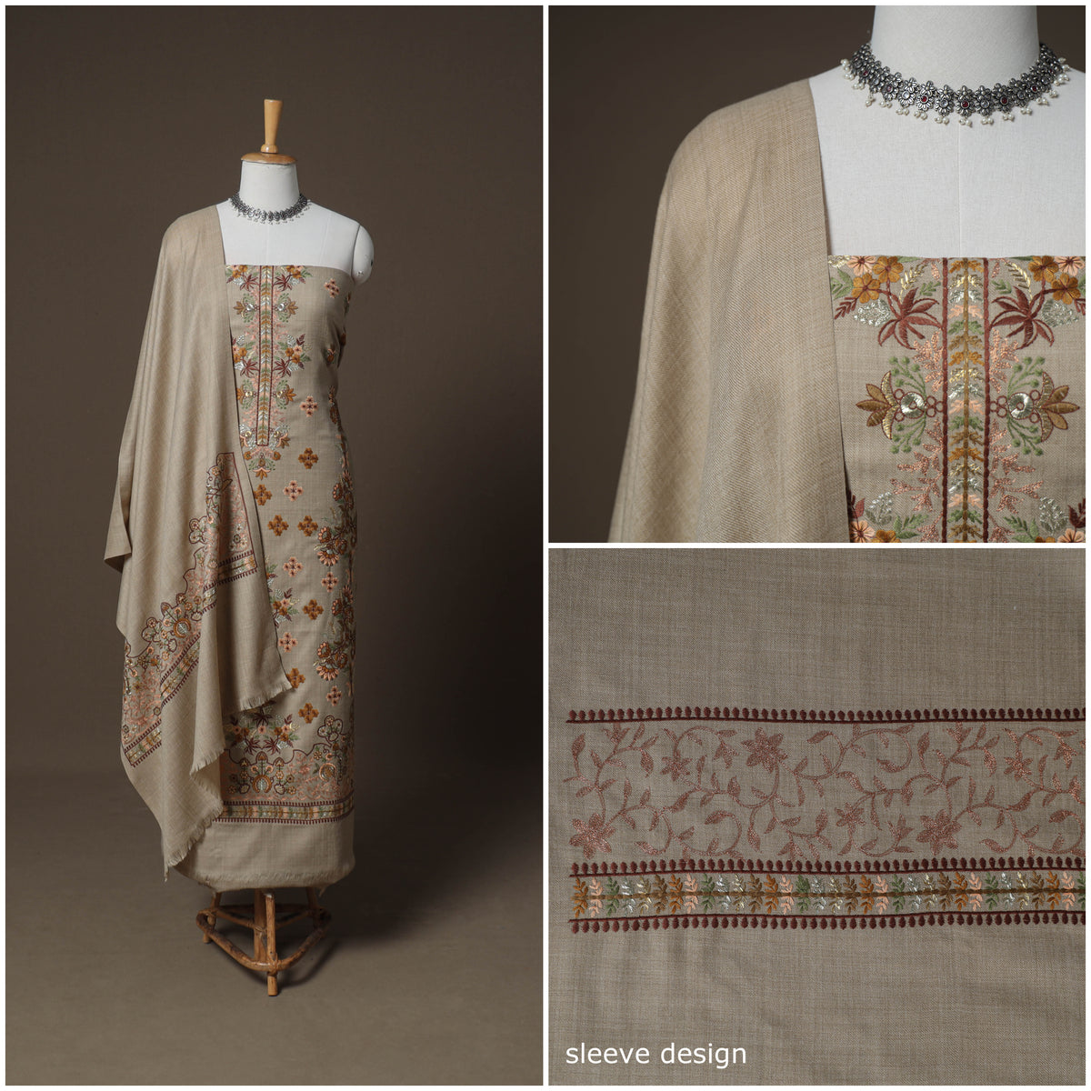 Woolen Heavy Embroidered Unstitched Dress Material: Kurta, Bottom & Dupatta 35