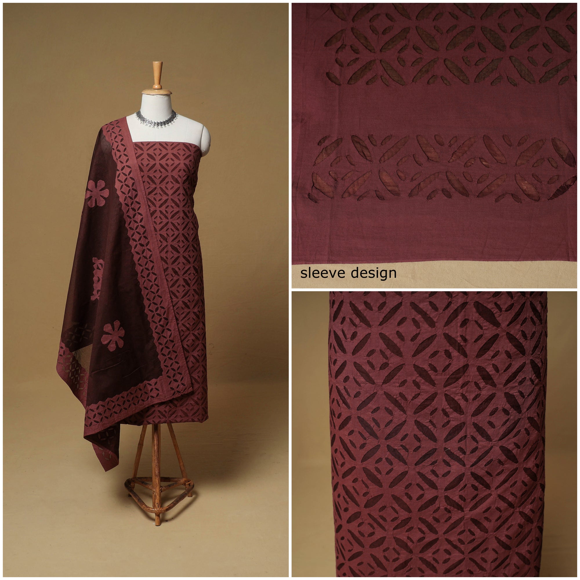 Barmer Applique Cutwork Cotton Unstitched Dress Material: Kurta, Bottom & Dupatta 17