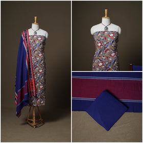 Sanganeri Block Print Cotton Unstitched Dress Material: Kurta, Bottom & Dupatta with Jewellery 04