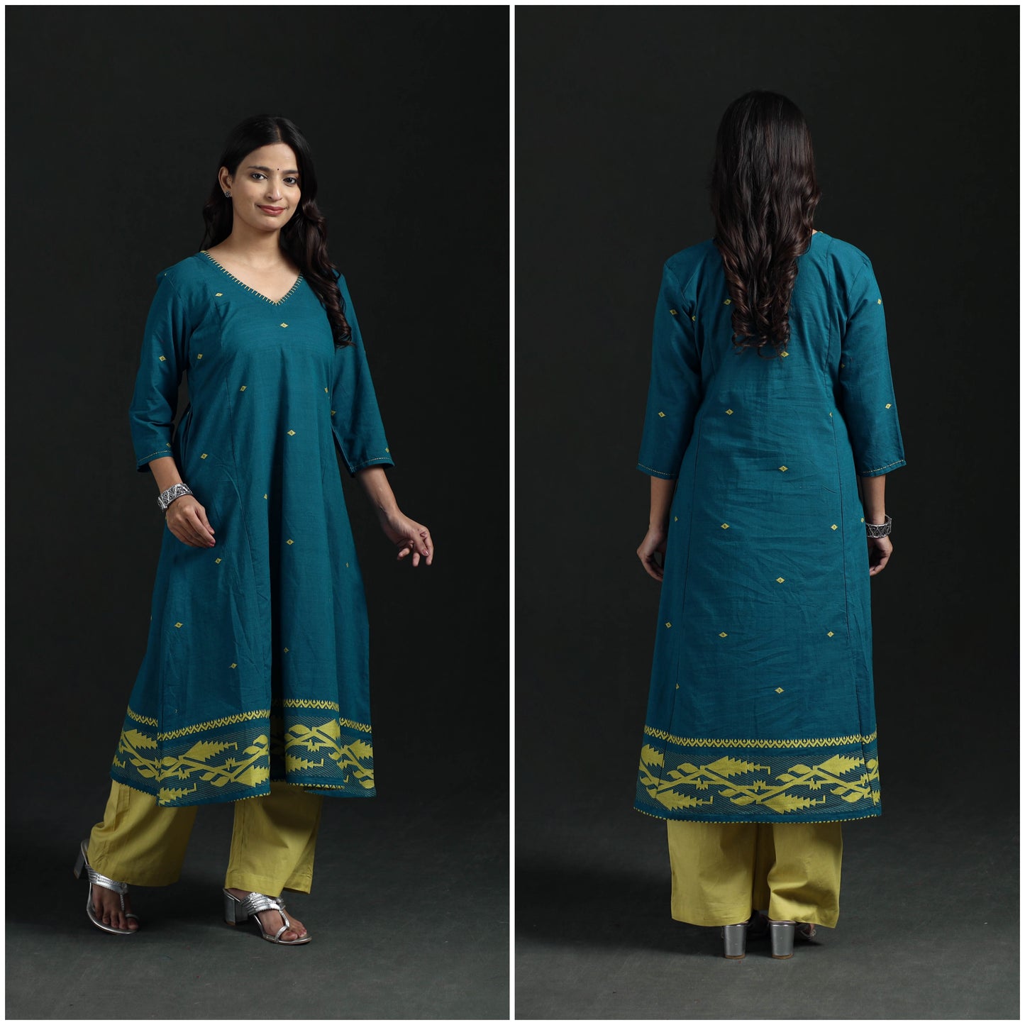 Hand Embroidered Jacquard Cotton A-Line Long Kurta for Women 04