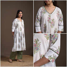 Gota Work Floral Sanganeri Block Print Cotton A-Line Long Kurta for Women 13