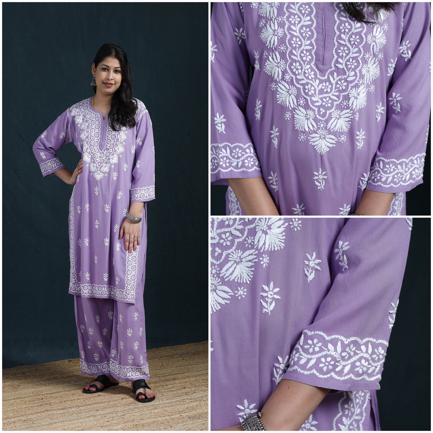 Purple - Hand Embroidered Rayon Chikankari Kurta with Palazzo Set for Women 10