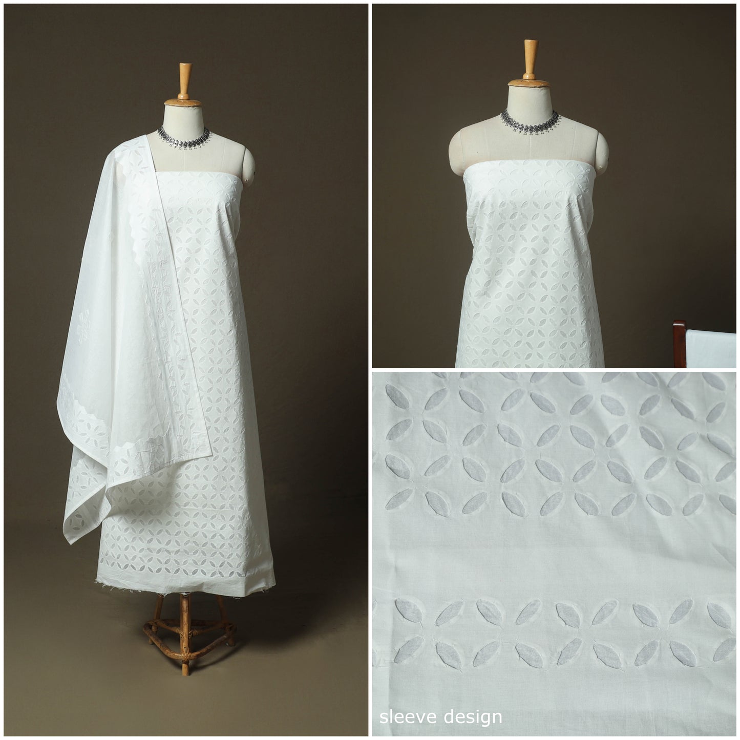 White - Barmer Applique Cutwork Cotton 3pc Unstitched Dress Material Suit Set 03