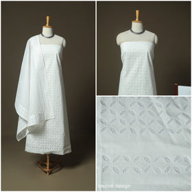White - Barmer Applique Cutwork Cotton 3pc Unstitched Dress Material Suit Set 03