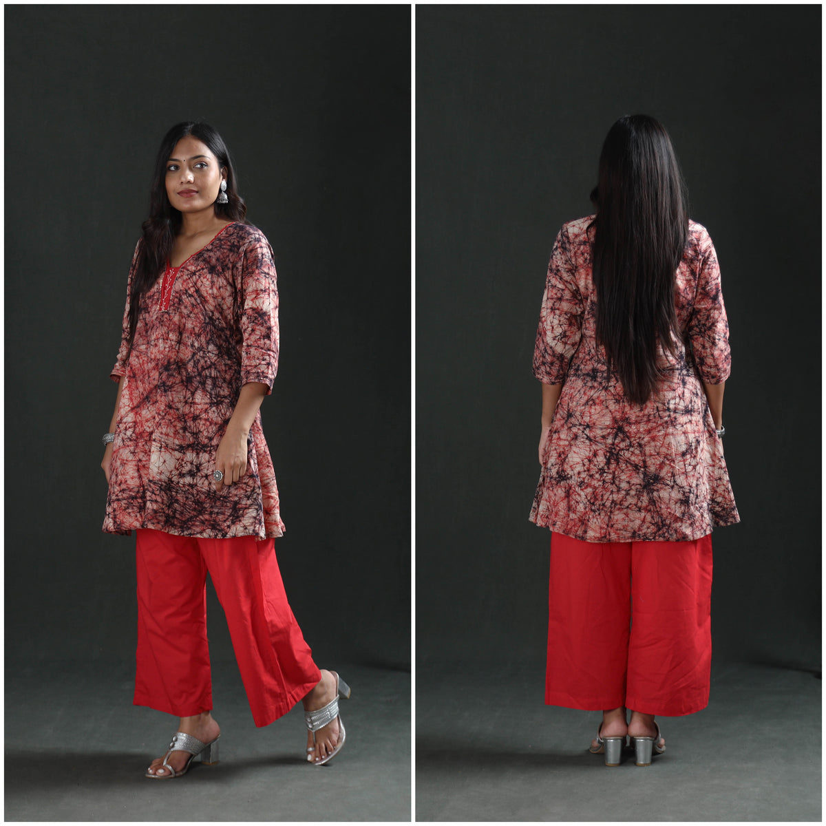 Front and back views of the cream cotton kurta in batik web print, full length, side by side
