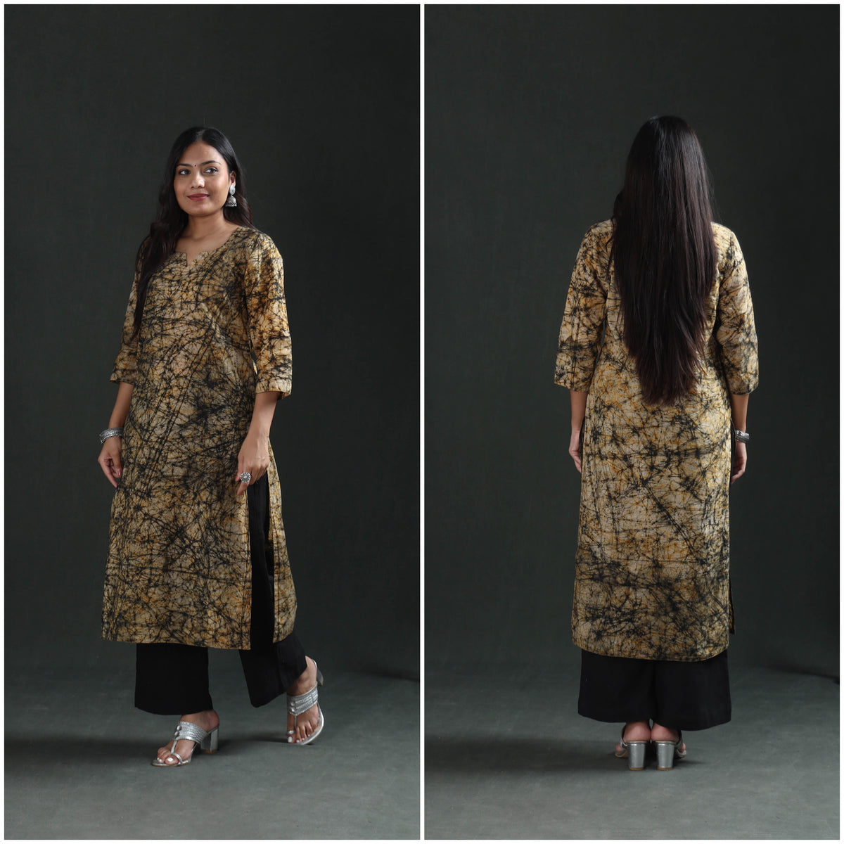Side and back frames of the beige cotton kurta, full length, black web all round