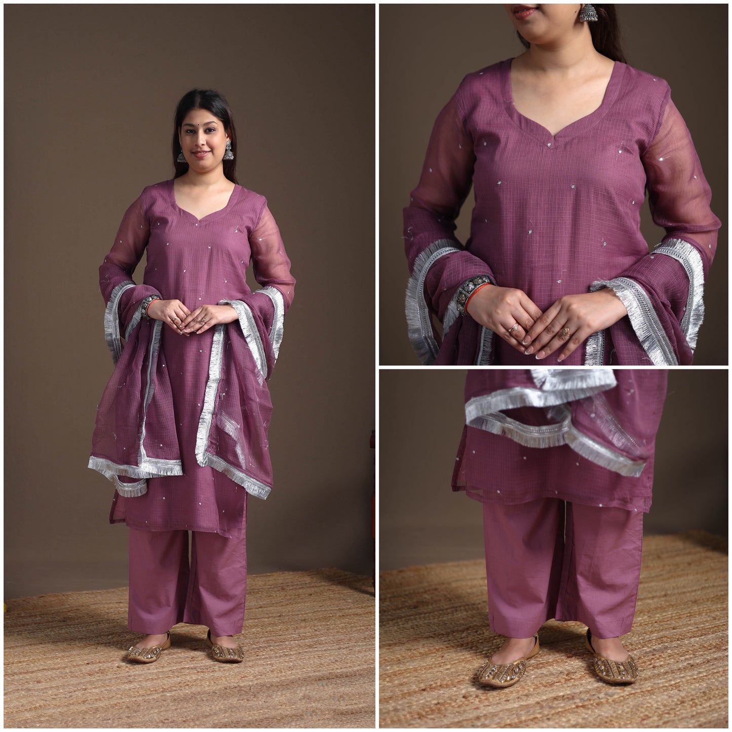 Sequin Work Plain Kota Doria Cotton Suit Set with Lace Work Dupatta for Women 07