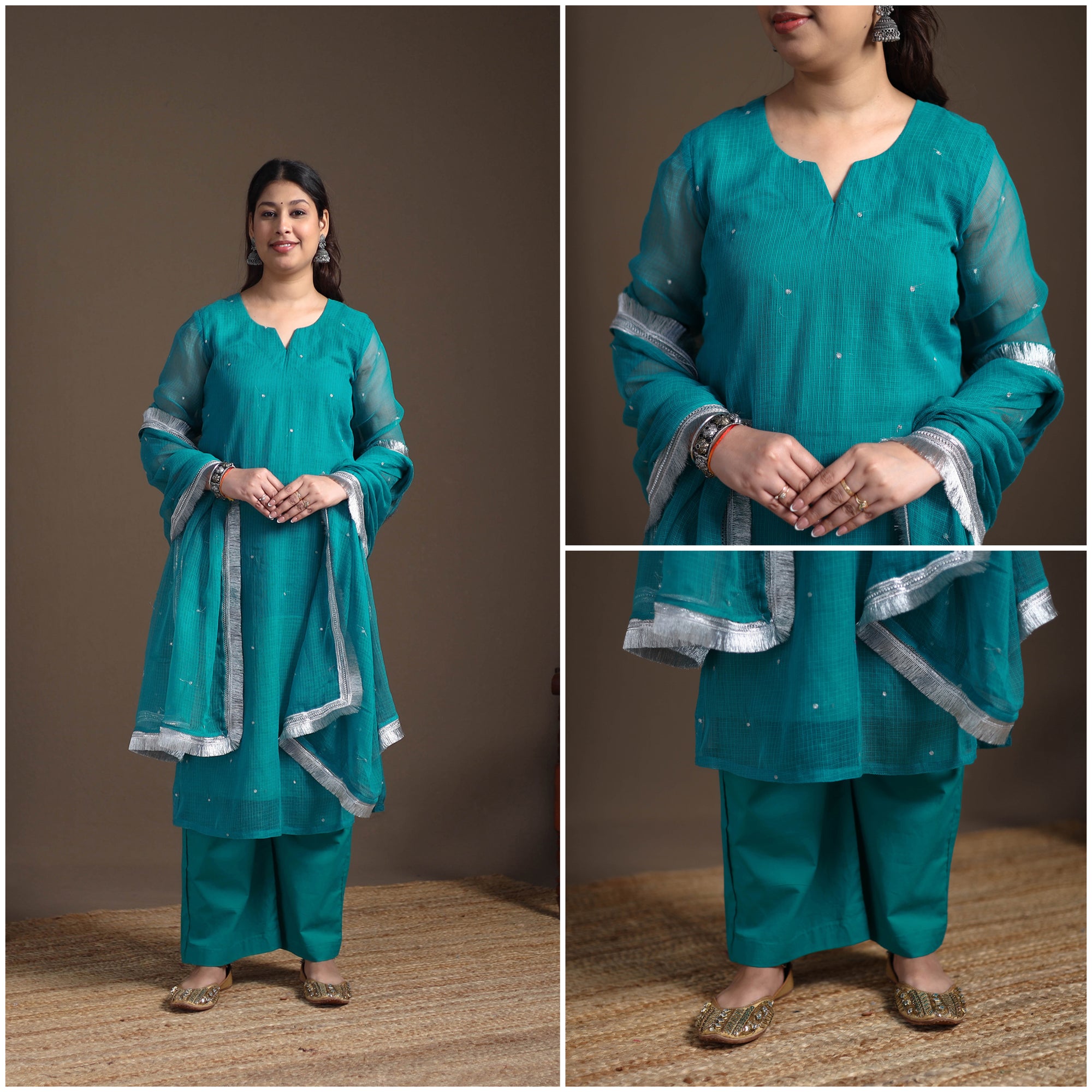 Sequin Work Plain Kota Doria Cotton Suit Set with Lace Work Dupatta for Women 13