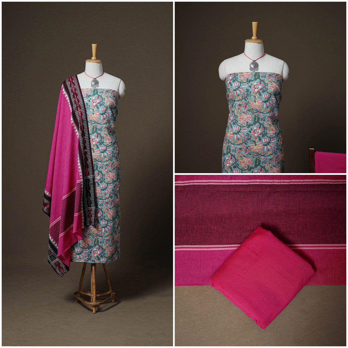 Sanganeri Block Print Cotton Unstitched Dress Material: Kurta, Bottom & Dupatta with Jewellery 16