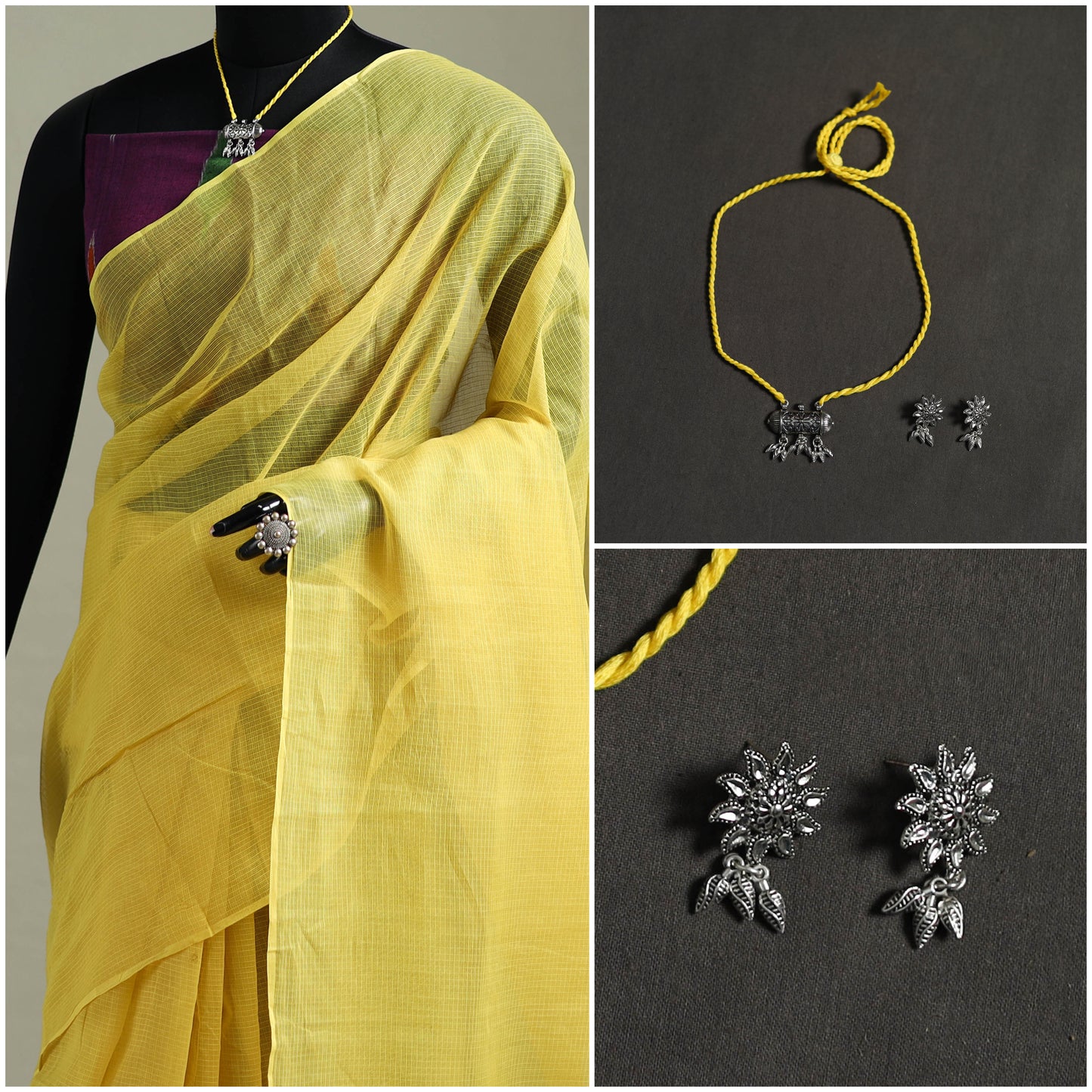 Yellow - Nazaakat Kota Doria Cotton Plain Saree with Blouse & Jewellery Set 51