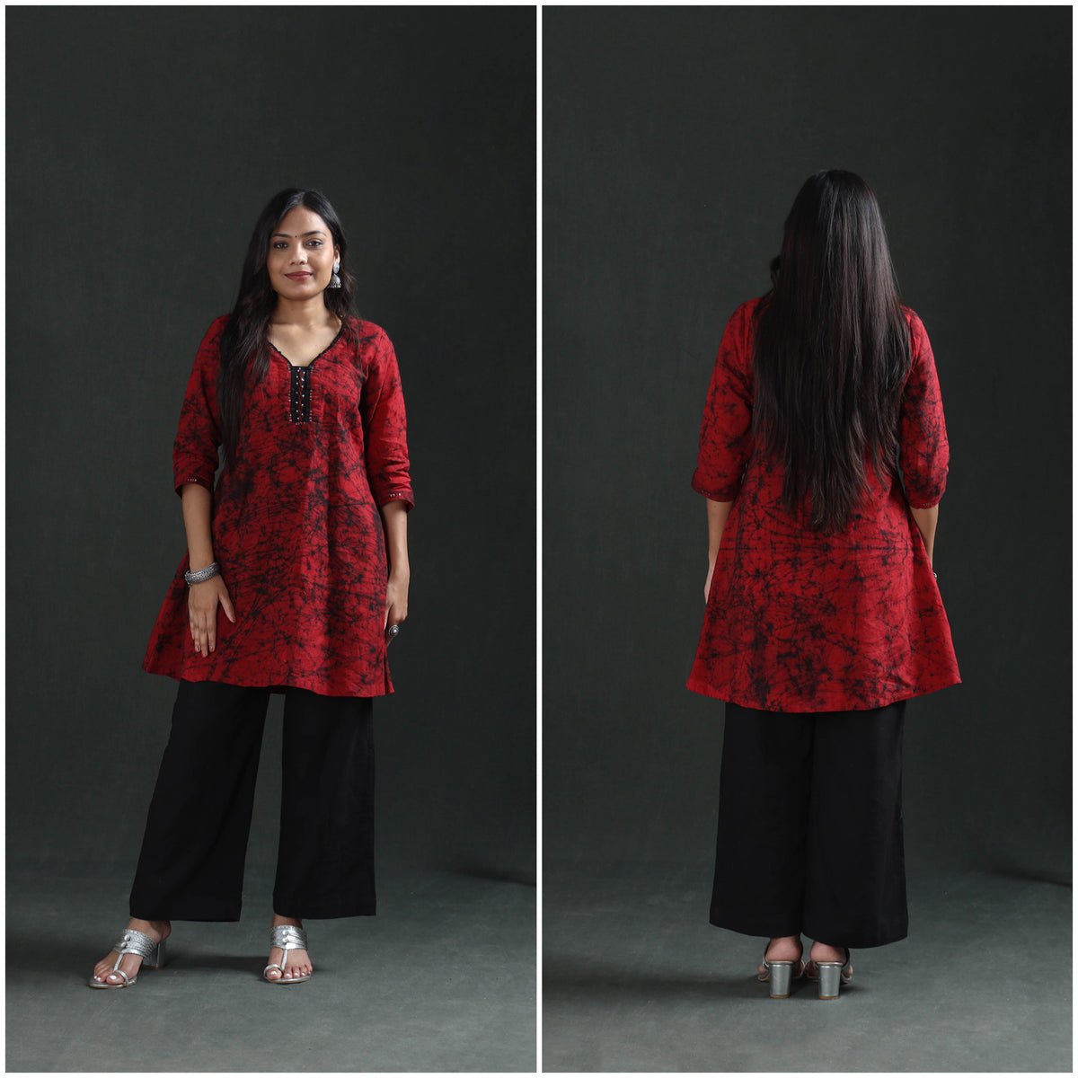 Front and back of the maroon cotton kurta, full length, the A-line flare and side slits