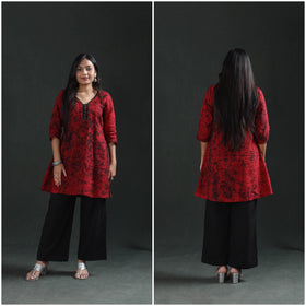 Front and back of the maroon cotton kurta, full length, the A-line flare and side slits