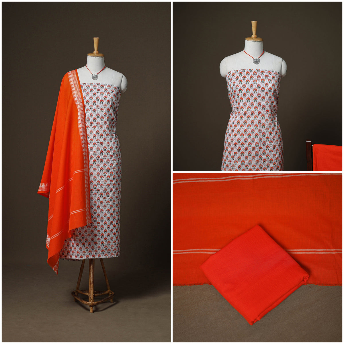 Sanganeri Block Print Cotton Unstitched Dress Material: Kurta, Bottom & Dupatta with Jewellery 25