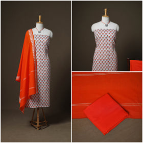 Sanganeri Block Print Cotton Unstitched Dress Material: Kurta, Bottom & Dupatta with Jewellery 25