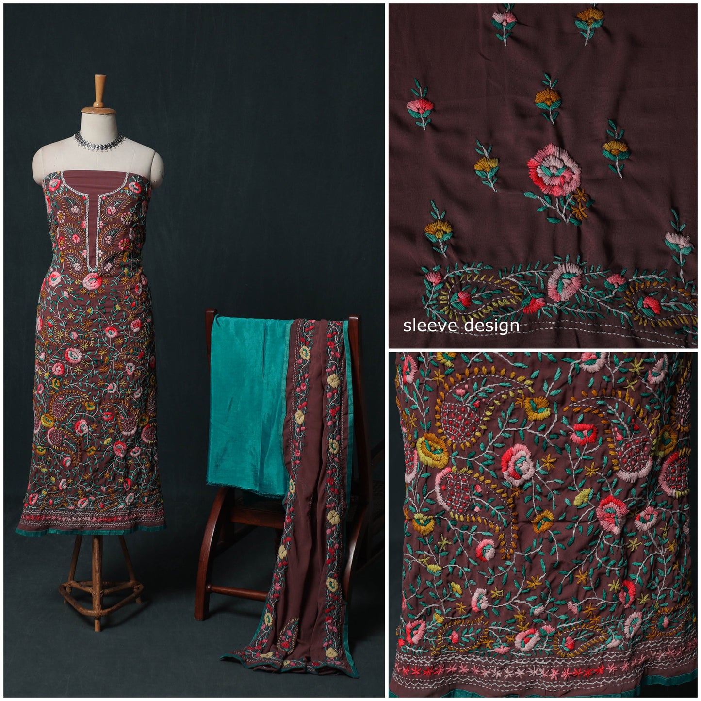Hand Embroidered Georgette 3pc Unstitched Dress Material Suit Set 22